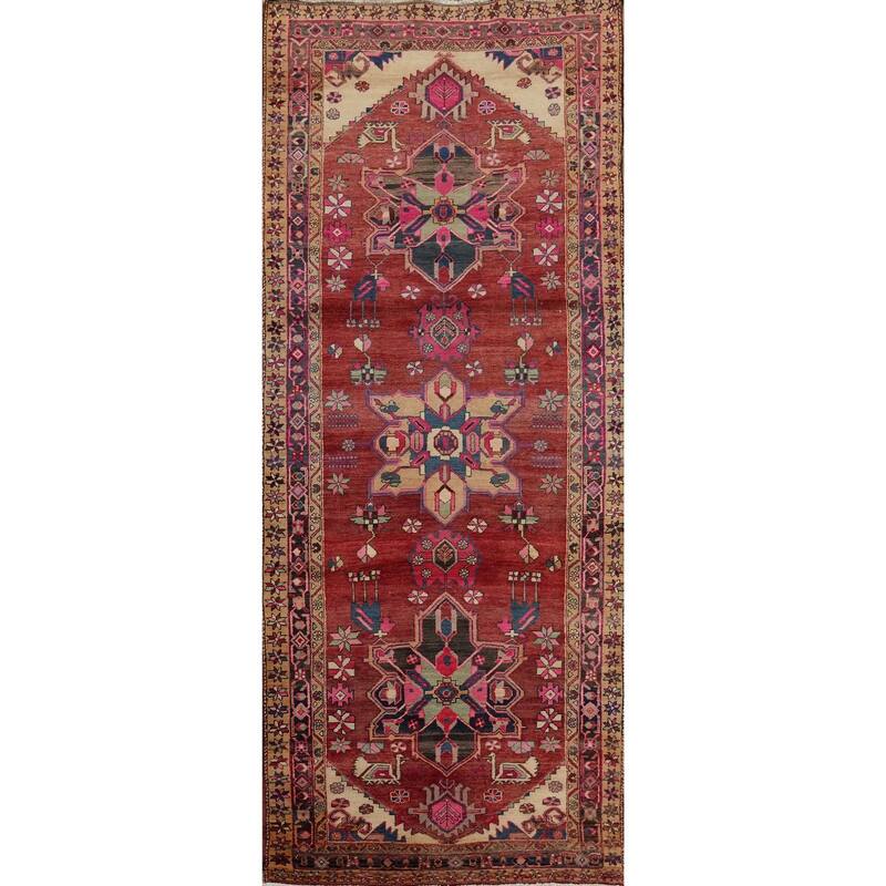Hand Knotted Oriental 100% Wool Carpet Traditional Geometric Red Heriz Runner Rug - 10' 7'' X 3' 9''