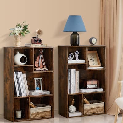 VECELO Widened Version Bookace(Set of 2), 3-Tier Five Open Cube Wooden Bookcase Organizer, Bookshelf