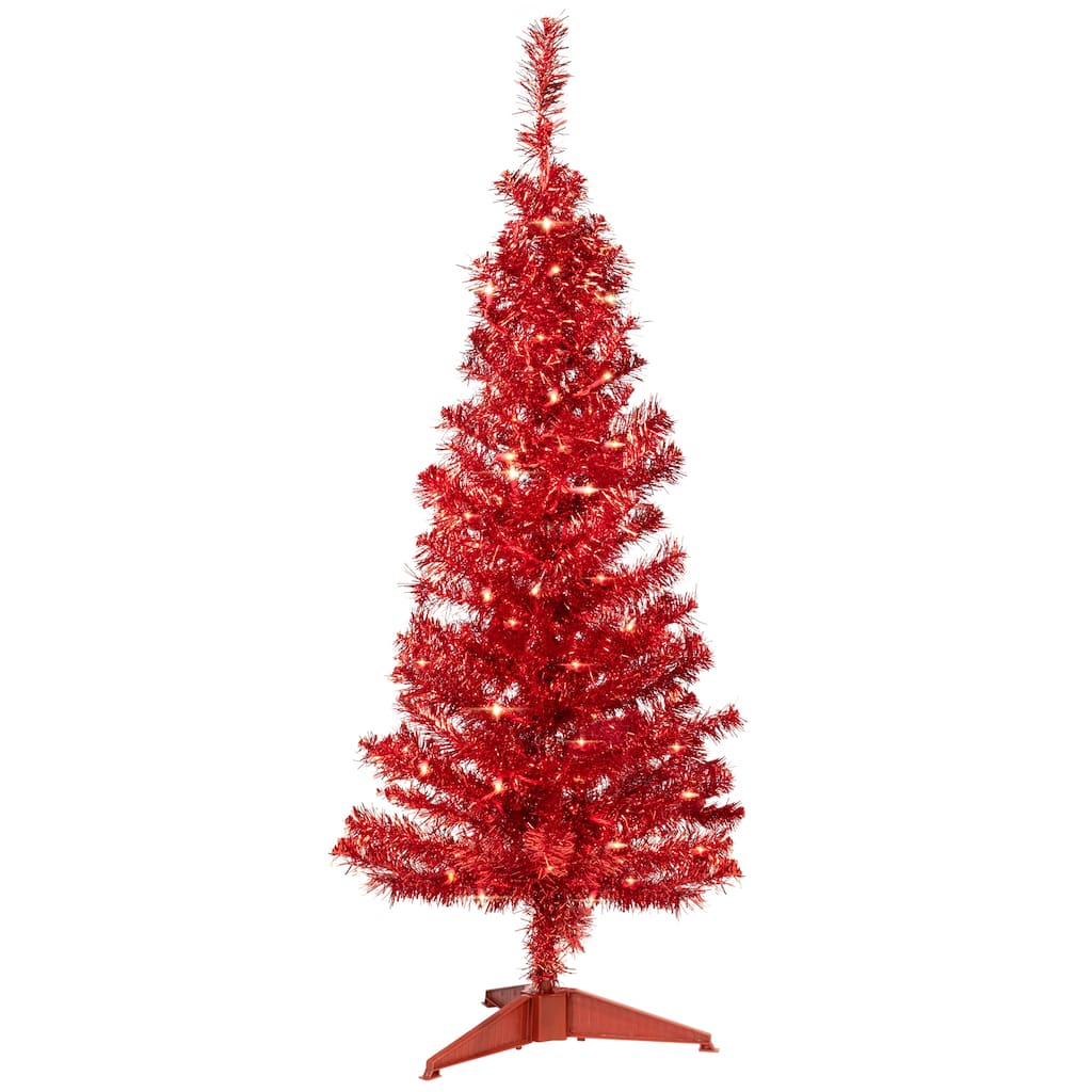 Pre-Lit Artificial Tinsel Christmas Tree - 4' - Red - Clear Lights - 4 Foot