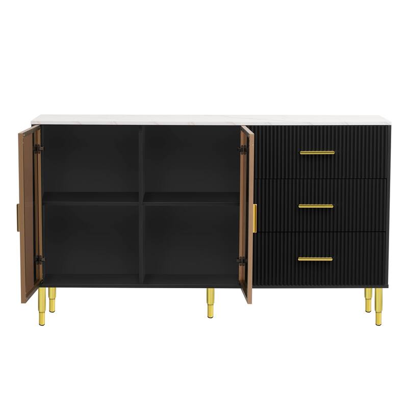 Luxury Storage Cabinet with Marble Finish, Gold Legs & Tempered Glass Doors for Modern Living Spaces