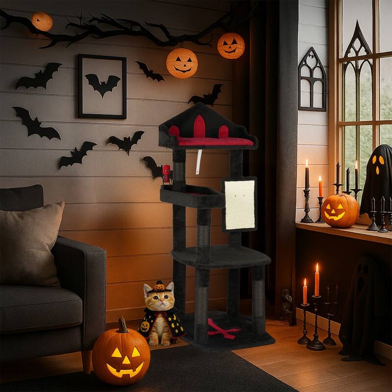 49in Gothic Cat Tree Black Cat Tower with Throne Goth Bed
