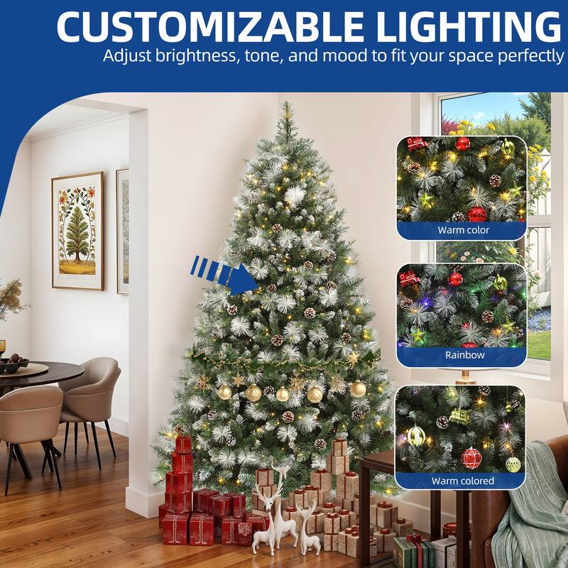 4.5/6ft Prelit & Pre-Decorated Scotch Pine Christmas Tree with Remote Control, Frosted Christmas Tree with Pine-Cones & Needles