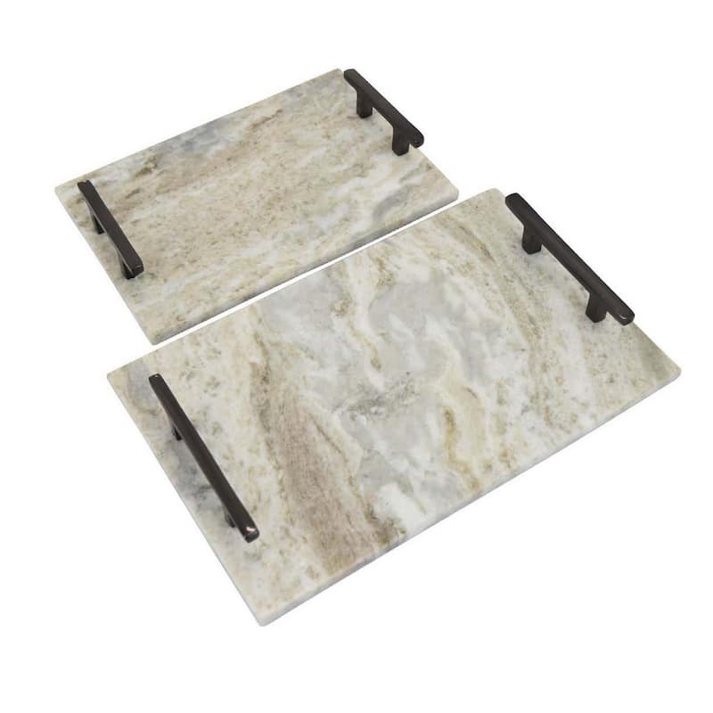 Entro Tray Set of 2, Rectangular Shape, 2 Gold Handles, White Finish Marble