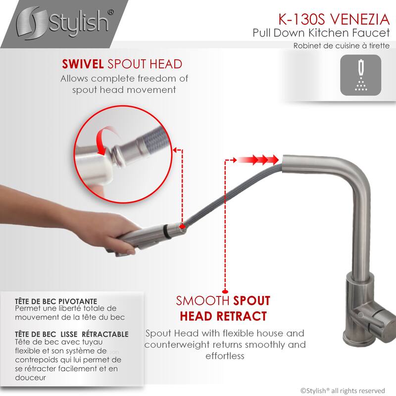 STYLISH Pull Down Kitchen Faucet + Soap Dispenser - Stainless Steel Finish