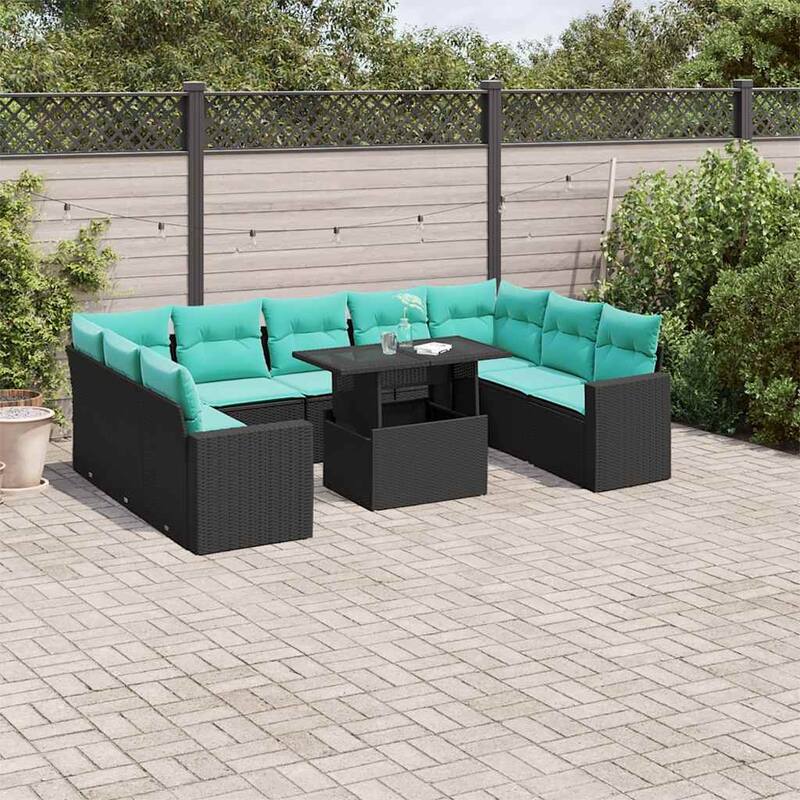 vidaXL 10 Piece Patio Sofa Set with Cushions Black/Brown/Gray Poly Rattan - Black without storage