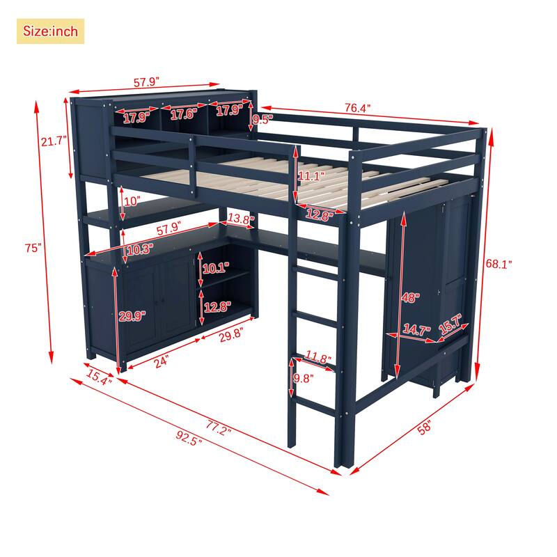 Full Size Loft Bed with Cabinet and Bookshelf,Wood High Loft Bed Frame with Built-in Desk and Wardrobe