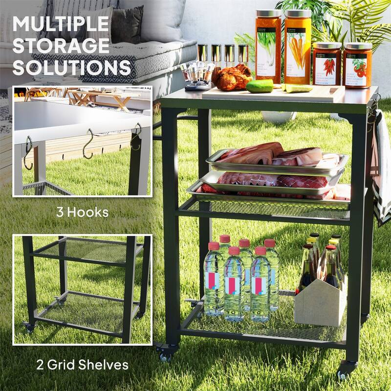 Stainless Steel Grill Cart with Storage Shelves and Tool Hooks Mobile Serving Table for Patio - 25.8" W x 16.1" D x 31.1" H