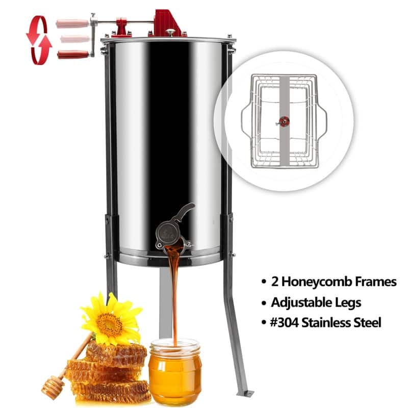 2 Frames Stainless Steel Manual Honey Extractor with Holder Silver