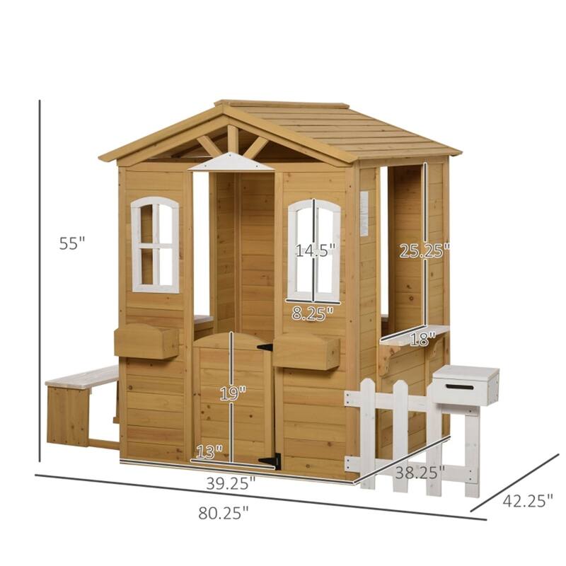 Natural and White Wooden Kids Outdoor Playhouse with Fence Mailbox Flowerpot Holders and Bench for Ages 3 to 8