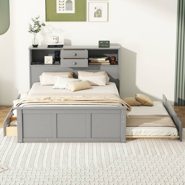 slide 2 of 9, Wooden Full Size Pltaform Bed with Trundle, 3 Drawers, Upper Shelves Grey