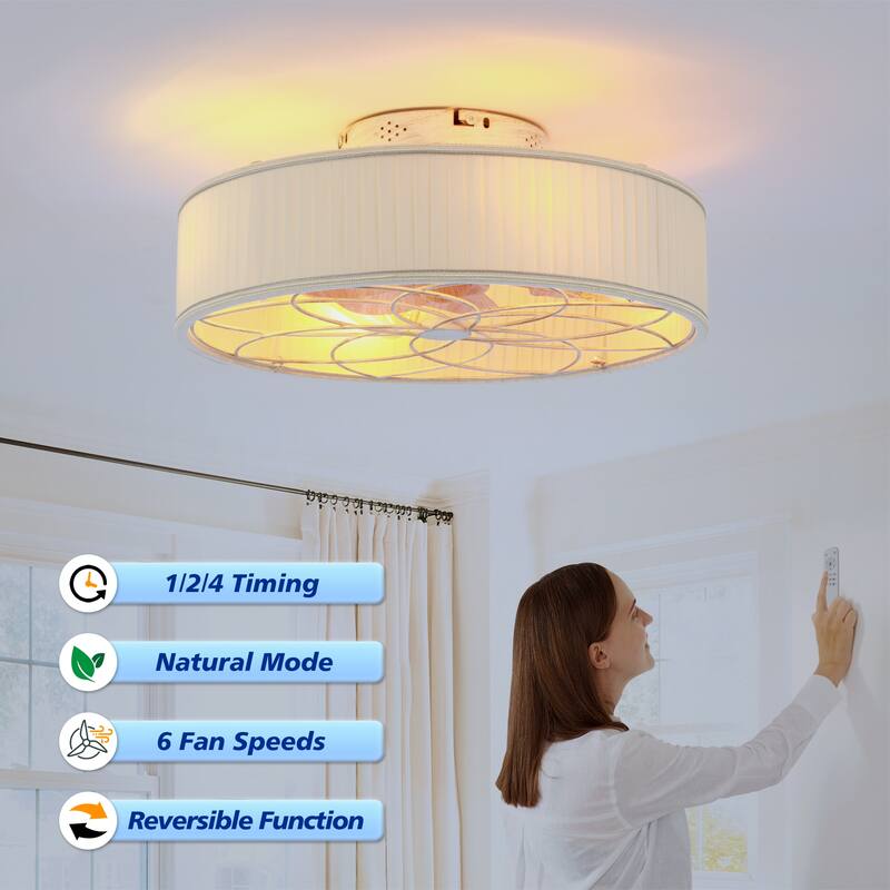 Cusp Barn 20'' Farmhouse Flush Mount Ceiling Fan with Light, Fabric Shade DC Motor Fandelier Ceiling Fan for Living room