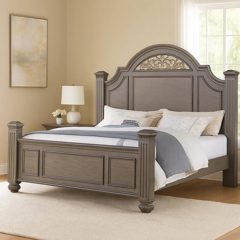 Recus King Bed, Carved Floral Details, Arched Headboard, Gray Wood