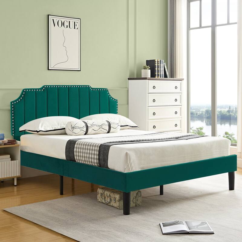 VECELO Upholstered Bed Frame with Nailhead Trim Adjustable Height Headboard, Twin/Full/Queen Size Bedframes - Green - Full