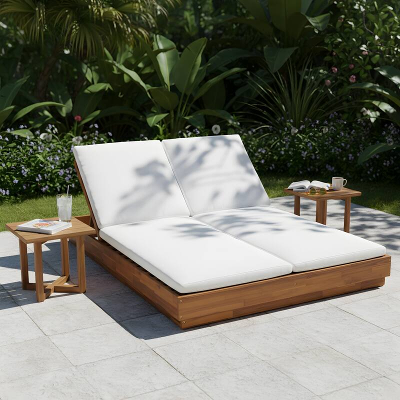 Christopher Knight Home - Outdoor Acacia Wood 5-Position Adjustable Double Chaise Lounge Set with 18" Square Slat Side Table