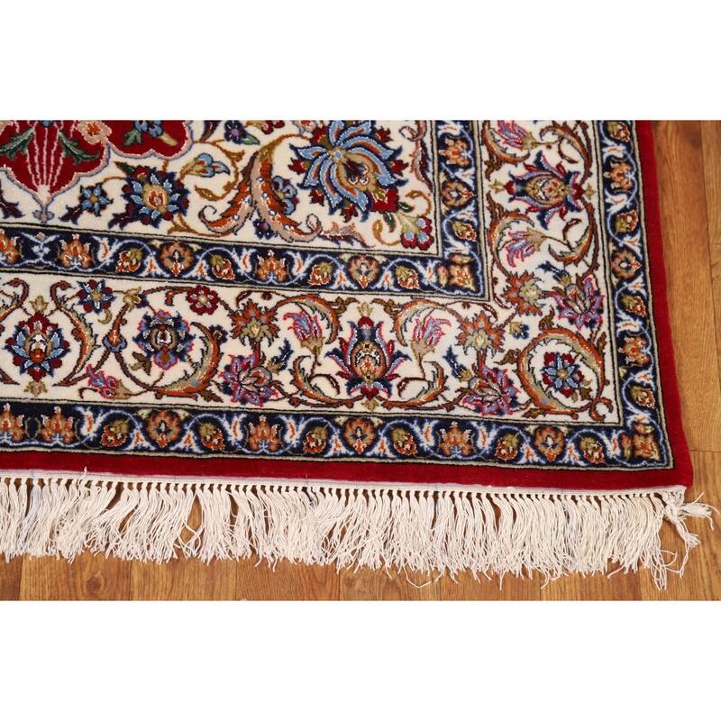 Vegetable Dye Red Wool & Silk Isfahan Persian Rug Hand-Knotted - 3'7"x 5'7"
