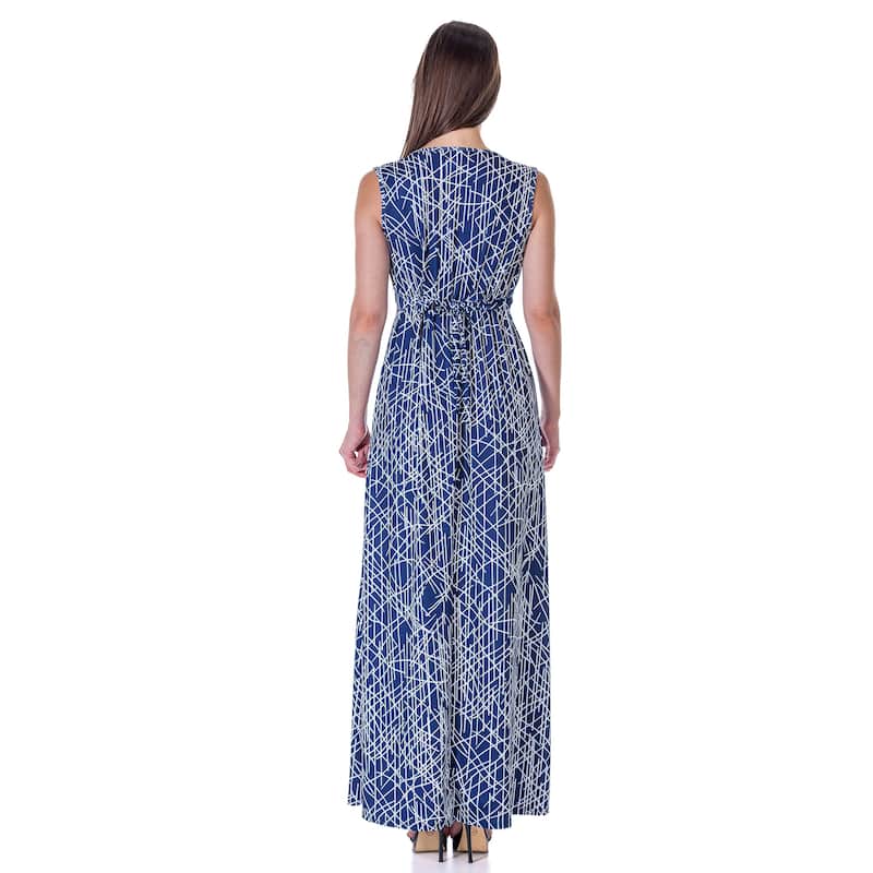 24seven Comfort Apparel Womens Navy Abstract Print V Neck Empire Waist Sleeveless Maxi Dress