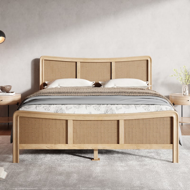 Christopher Knight Home- Celestine Curved Rubberwood Bed Frame with Rattan Headboard