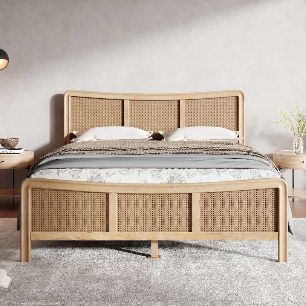 Christopher Knight Home- Celestine Curved Rubberwood Bed Frame with Rattan Headboard