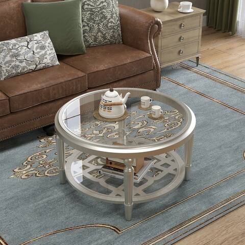 COSIEST Champagne Round Solid Wood Tempered Glass Coffee Table - 32"W x 32"D x 18"H