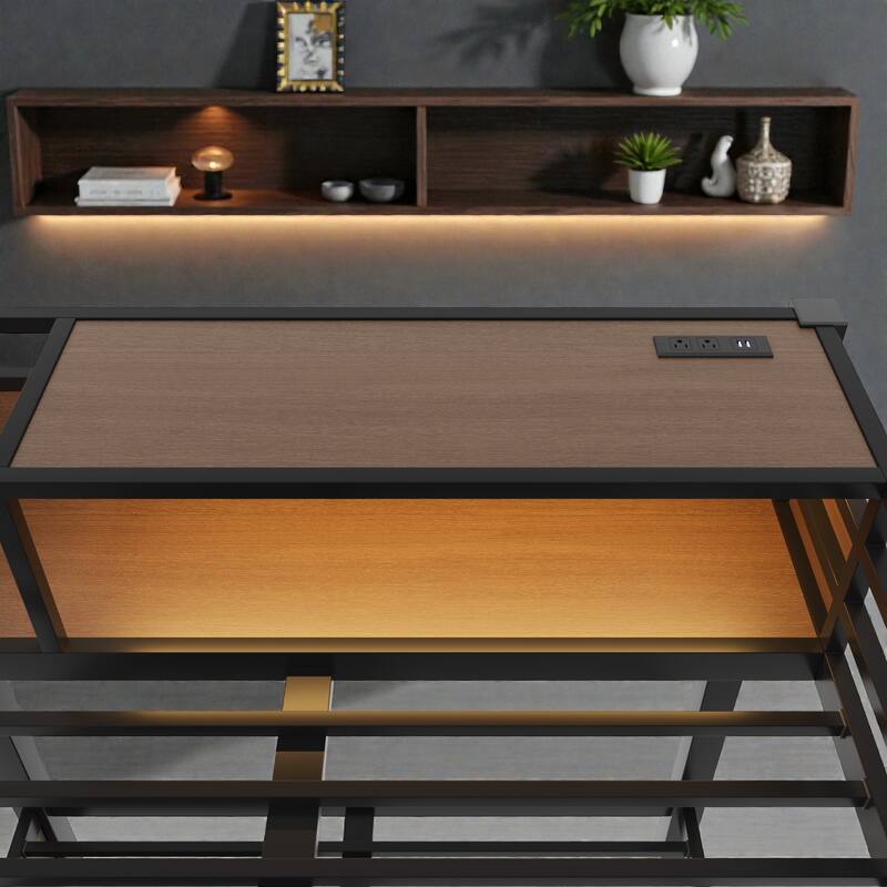 Twin/Full Metal Bunk Bed with Storage Shelves, Drawers, LED Light Strip, USB Power Outlet & Sturdy Guardrail Design