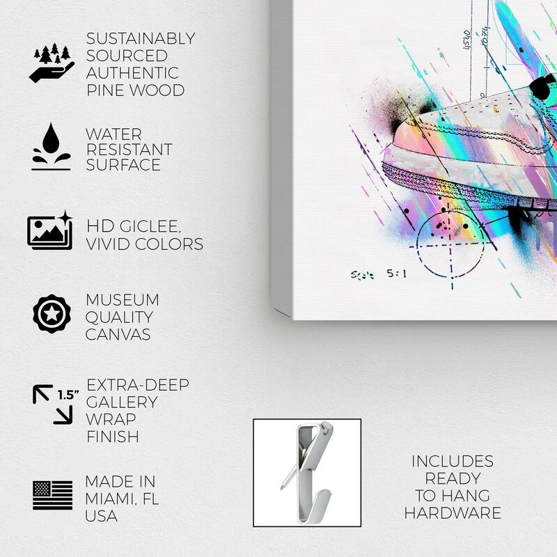 Wynwood Studio Fashion and Glam Artistic Sneaker Holo White and Cyan Modern & Contemporary Wall Art Canvas Print