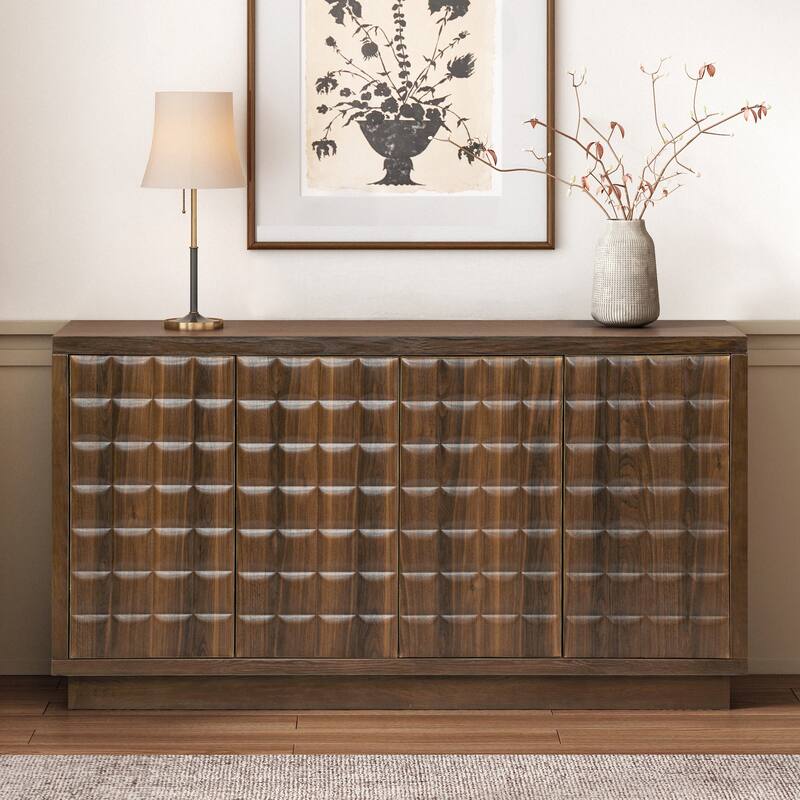 Buffet Cabinet with Storage, 4-Door Wood Sideboard with Adjustable Shelves, Geometric Door Design, Modern Home Coffee Bar - Black