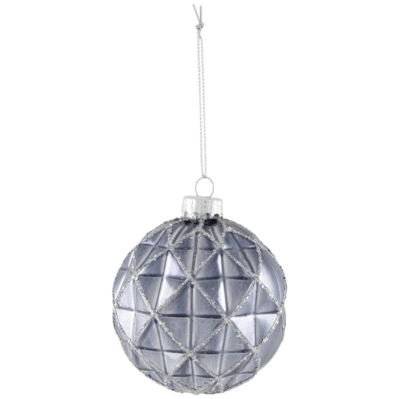 Geometric Glittered Shiny Glass Ball Christmas Ornaments - 3" (80mm) - Pewter - 4ct