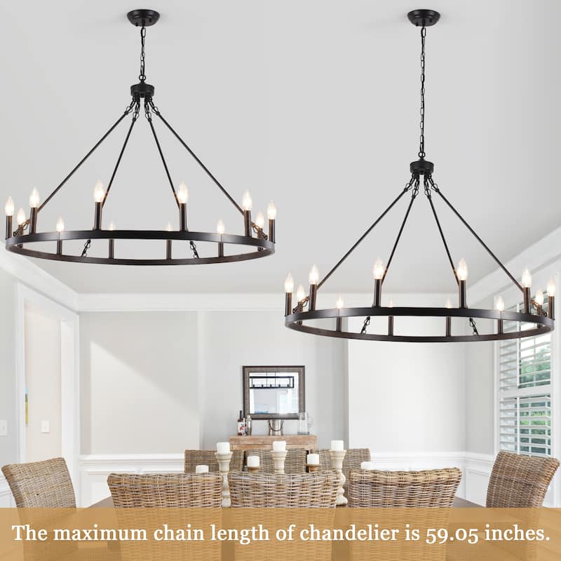 12-light Rustic Farmhouse Wagon Wheel Chandelier for Living Room - W37.99" x H90.55" - N/A