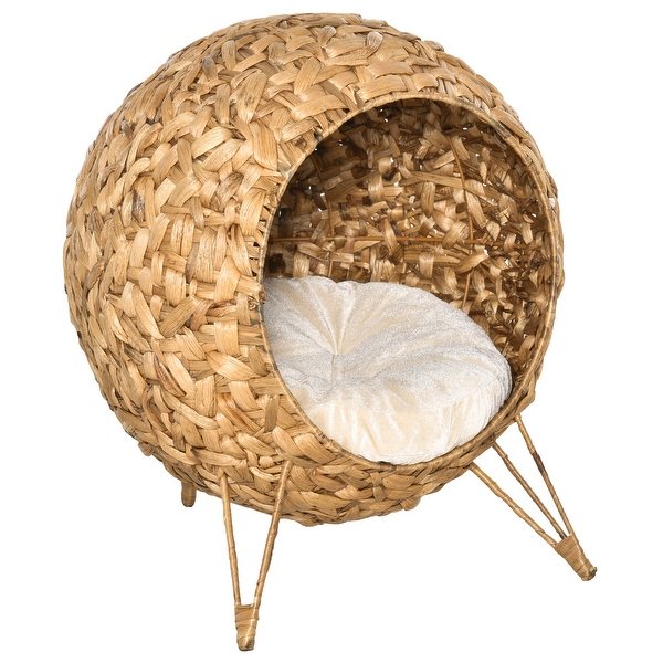 PawHut 20.5 Natural Rattan Cat House Elevated for Comfort and Circulation Cushion Included as Animal Bed On Sale Bed Bath Beyond 34148520