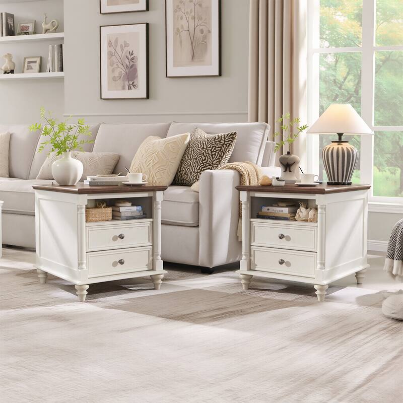 Farmhouse Nightstand Set of 2 with Solid Wood Feet, Charging Station