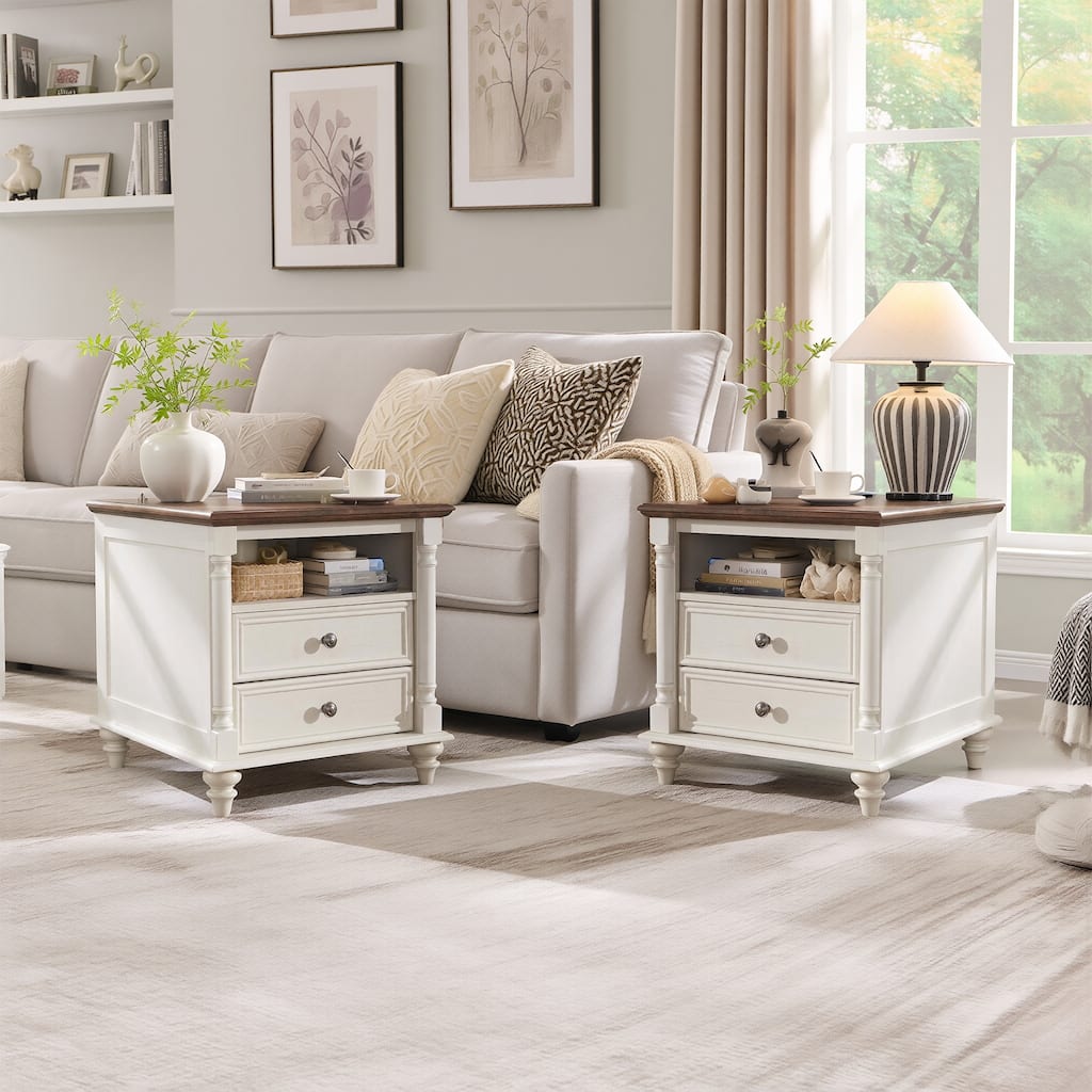 Farmhouse Nightstand Set of 2 with Solid Wood Feet, Charging Station