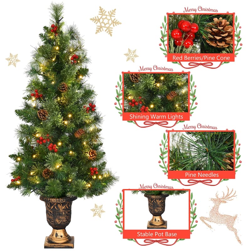 Costway 3/4/5 ft Pre-Lit Christmas Entrance Tree In Urn with 40/60/100