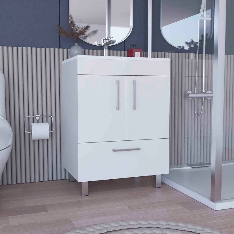 Bathroom Vanity with Double Door Cabinet and One Drawer, Faucet Not Included, Modern Design - 23.6in L Particle Board - White