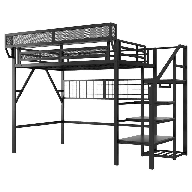 Black High Loft Bed with Wardrobe and Grid Storage for Kids Teens Adults Metal Loft Bed Frame with Light and Stairs