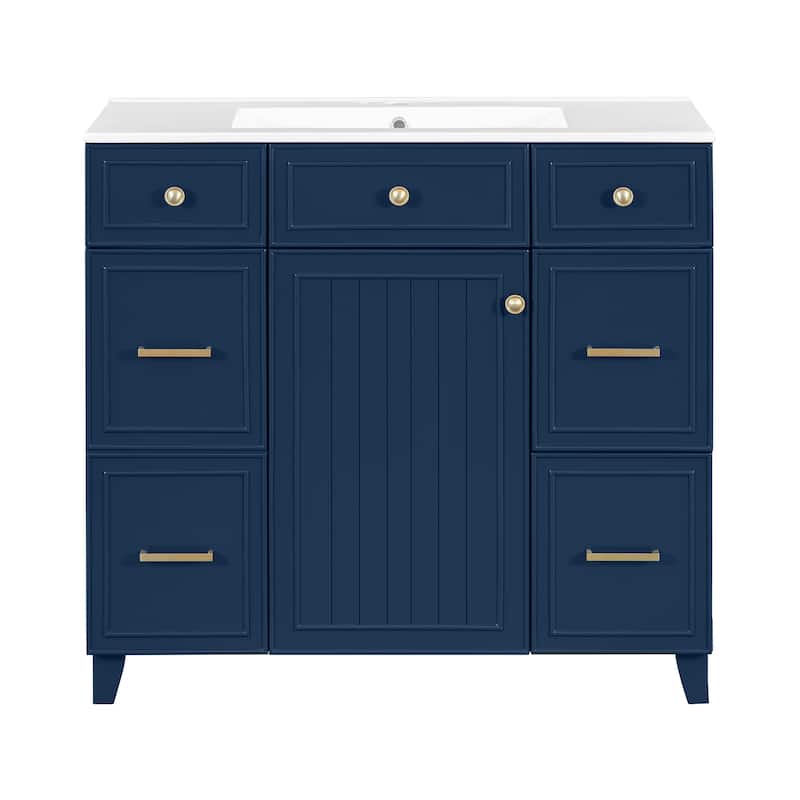 36"Bathroom Vanity with Ceramic Sink, Wood Frame,Soft Close Doors,Adjustable Shelves,3 Drawers,Including Double-Depth Drawer