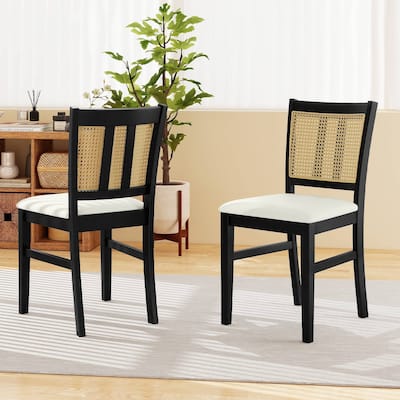 Set of 2 Upholstered Kitchen Chairs with Rattan Backrest Wooden Frame and Comfortable Seat Cushions - 17.5" x 21" x 34"