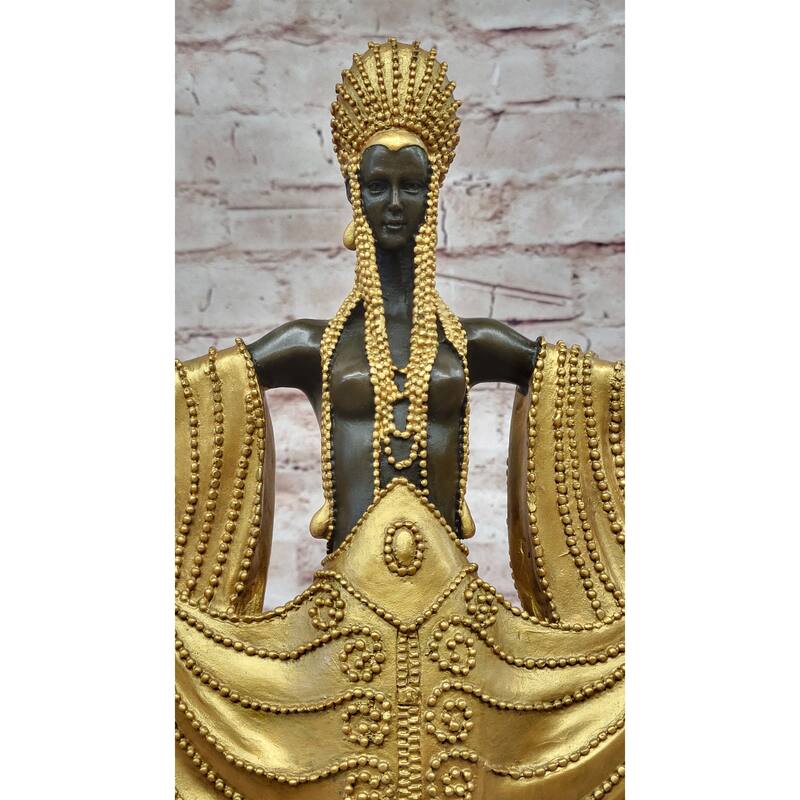 J. Erte Art Deco Golden Lady Sculpture With Flowing Drapery On Marble Base