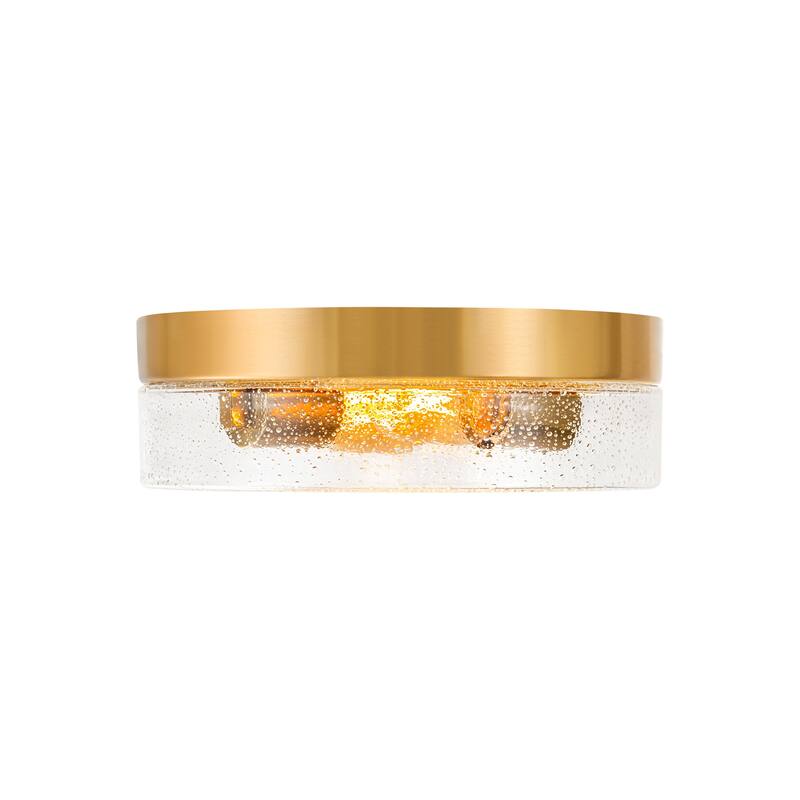 2-Light Gold/Bronze Modern Farmhouse Industrial Dimmable Dome Round Flush Mount Light with Seeded Glass Shade