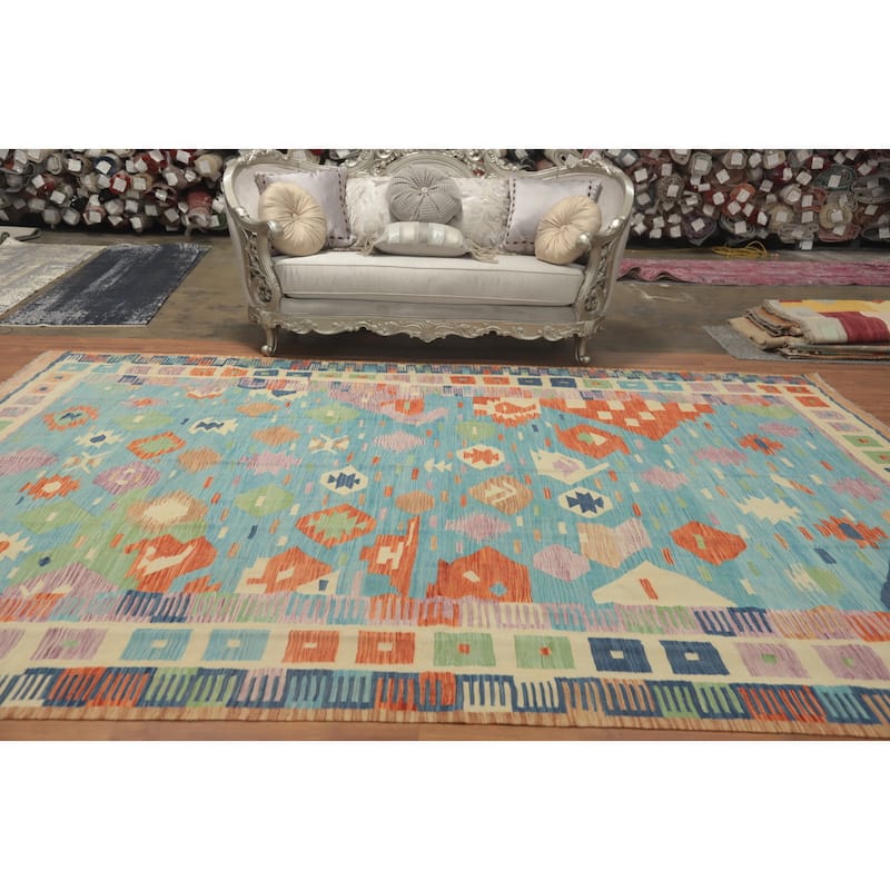 Hand Woven Oriental 100% Wool Carpet Southwestern Tribal Navy Blue & Blues Kilim Area Rug - 13' 0'' X 9' 9''