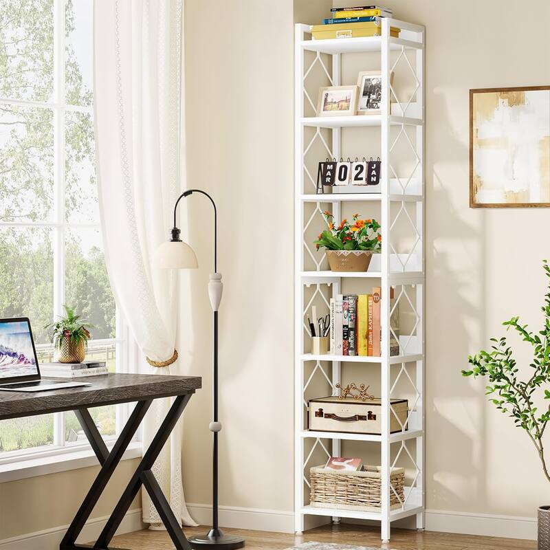78.7" White Bookshelf, 7 Tier Tall Skinny Bookcase Freestanding Narrow Display Shelves