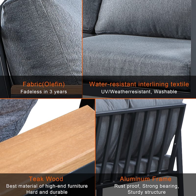 Patio 4 Piece Teak Finished Sectional Sofa, Matte Charcoal Aluminum Frame