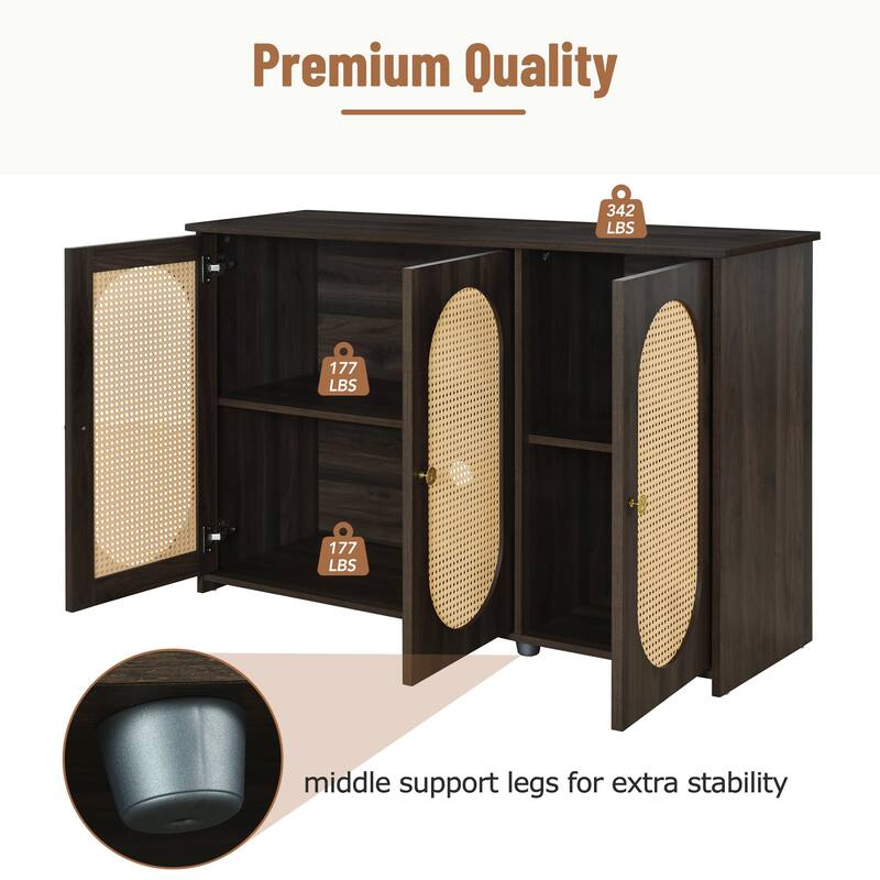 Buffet Cabinet with Artificial Rattan Doors, 3-Door Sideboard Cabinet with Shelves, Coffee Bar Cabinet with Metal Handles