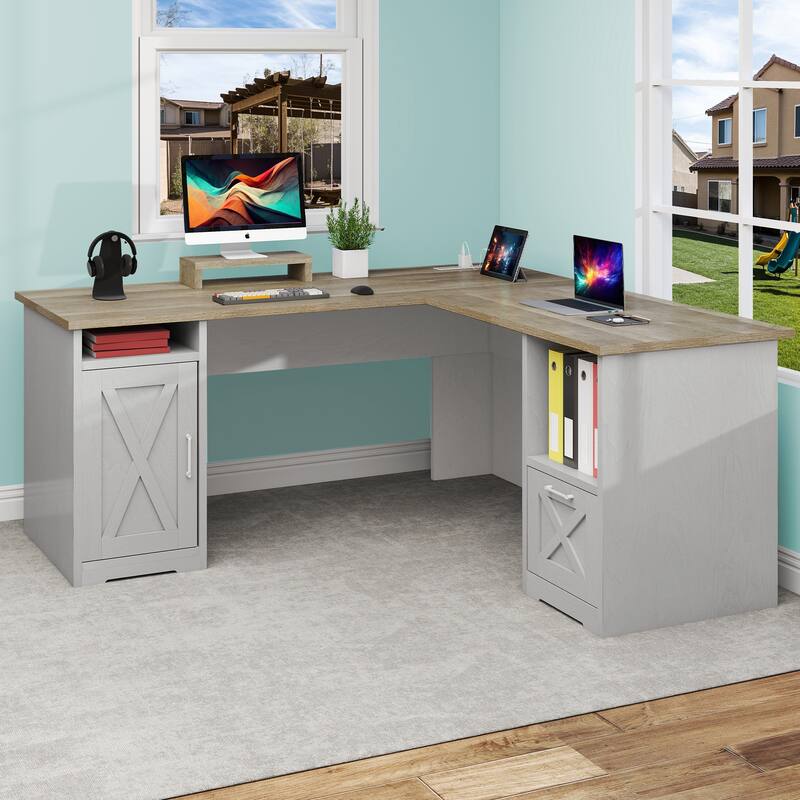 Moasis 59" L Shaped Office Desk with File Cabinet, Corner Computer Desk with Monitor Stand for Home Ofiice