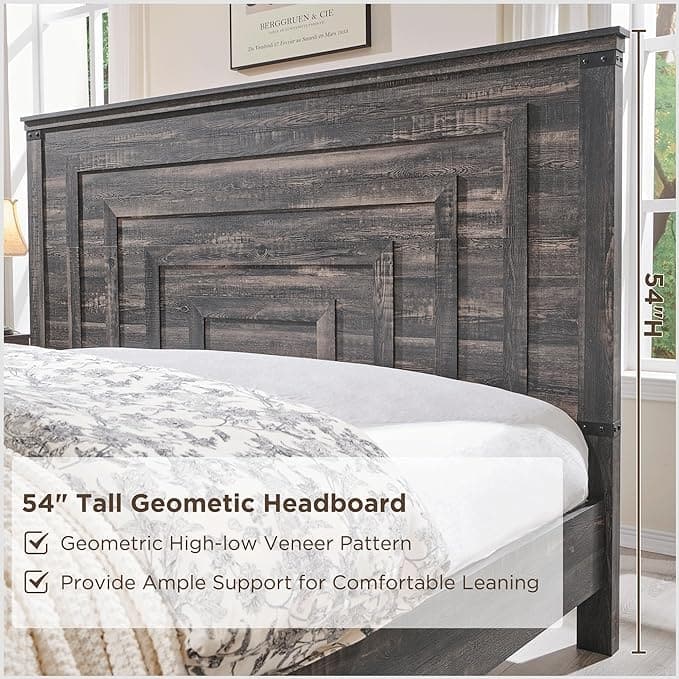 Farmhouse Queen Size Bed Frame w/ 54" Tall Headboard & 2 Large Drawers