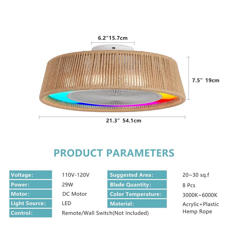 21" Modern Rustic Ceiling Fan Light with LED RGB Mood Lighting, Rope Woven Design, Quiet Fan, Semi Flush Mount - White