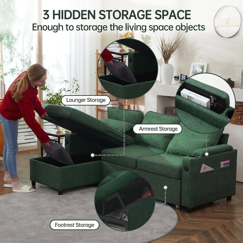 Convertible Sleeper Sofa 3-in-1 Pull Out Sectional Sofa Bed L/U-Shaped Couch with Storage Chaise