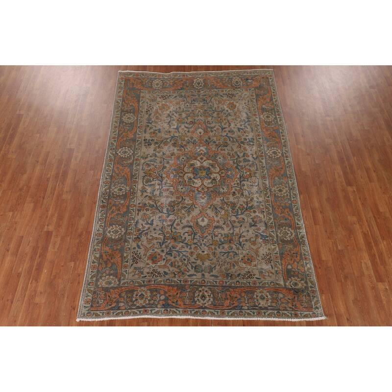 Distressed Tabriz Persian Antique Rug Handmade Floral Wool Carpet - 6'6"x 10'2"