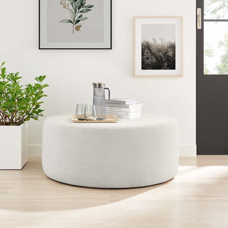 Callum 16"/23"/29"/38" Round Woven Heathered Fabric Upholstered Ottoman - 39"W x 39"L x 16"H - Heathered Weave Ivory