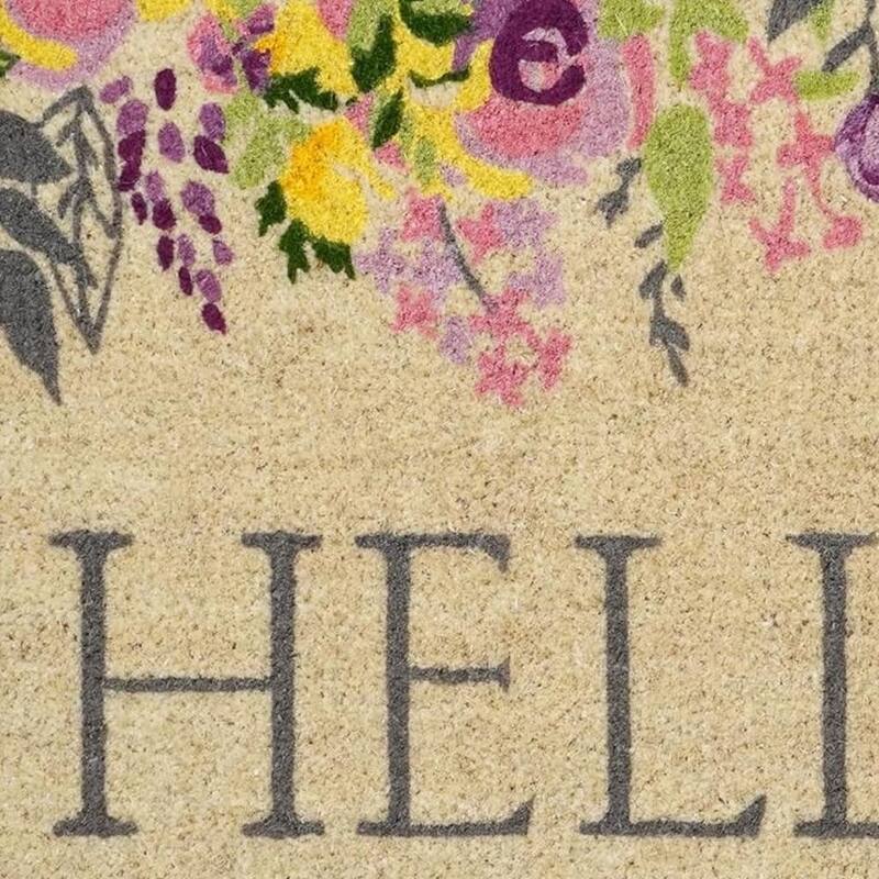 HomeRoots 24" X 36" Brown Gray And Purple Floral Hello Outdoor Coir Door Mat - 24.00' X '36.00