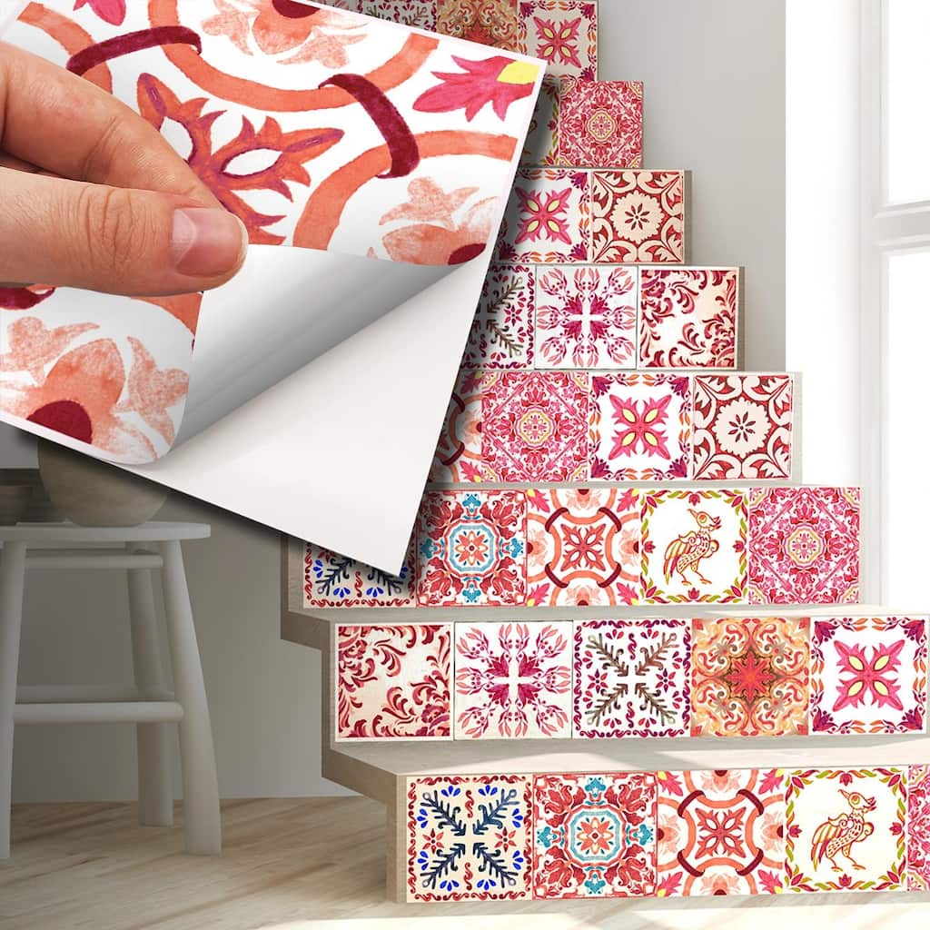 Walplus Tile Stickers Peel and Stick Moroccan Rose Red Mosaic Wall Sticker Decal